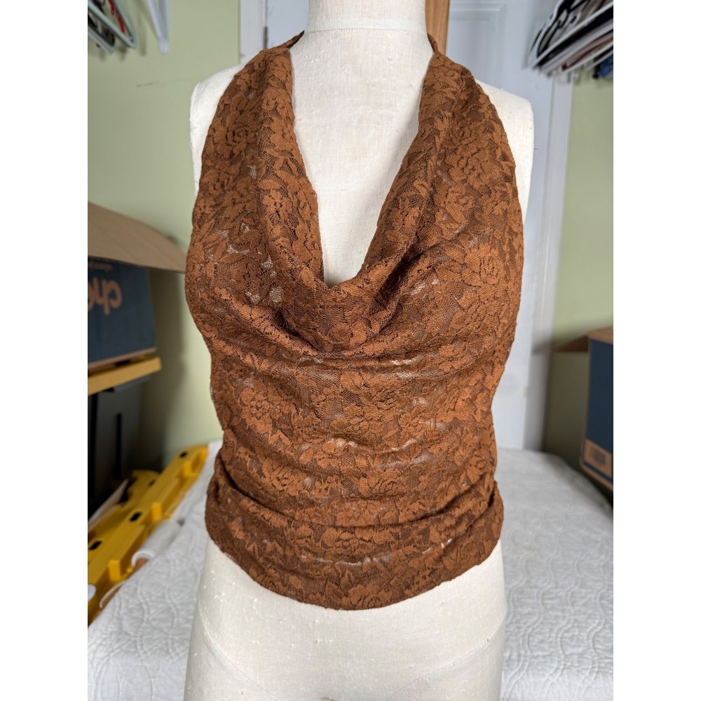 Emory Park Rust Brown Floral Lace Cowl Neck Halter Top Backless Boho Small